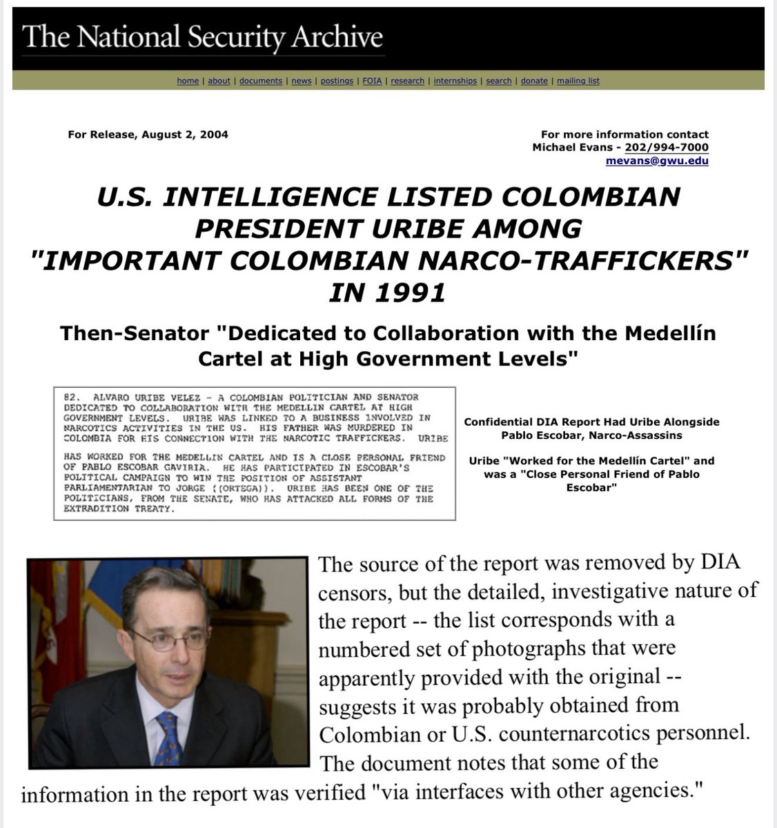 Orlando71156528's tweet photo. En 1991 informes de inteligencia de EEUU, incluyeron a alvaro uribe en la lista de los más importantes narcotraficantes colombianos, enlistandolo con el #82 https://t.co/X2SU15s7Q2