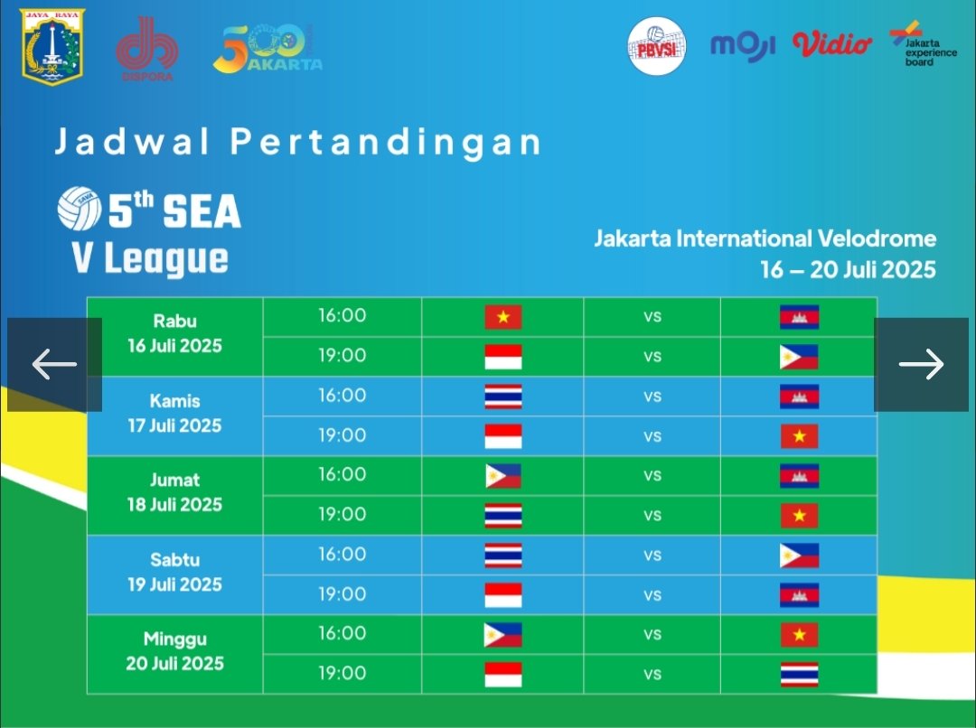 volleyballidn's tweet photo. Men's SEA Vleague 2025 Leg 2 Jakarta

🗓️ 16 - 20 Juli 2025
🏟️ Jakarta International Velodrome, Jakarta Timur
🕓 16.00 WIB 

Harga Tiket
🎟️ Reguler 50K 
🎫 VIP 150K
Tiket online beli via aplikasi ataupun situs Goers App
#SEAVLeague https://t.co/bliPuXa6pb