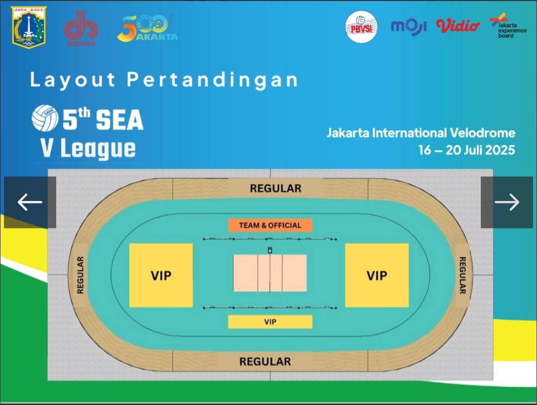 volleyballidn's tweet photo. Men's SEA Vleague 2025 Leg 2 Jakarta

🗓️ 16 - 20 Juli 2025
🏟️ Jakarta International Velodrome, Jakarta Timur
🕓 16.00 WIB 

Harga Tiket
🎟️ Reguler 50K 
🎫 VIP 150K
Tiket online beli via aplikasi ataupun situs Goers App
#SEAVLeague https://t.co/bliPuXa6pb