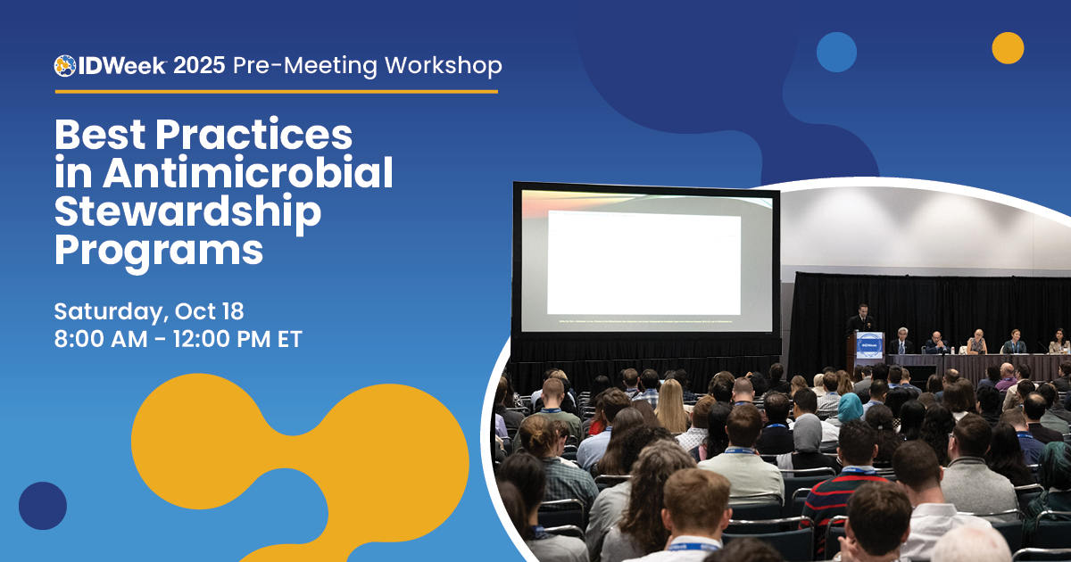 IDWeekmtg's tweet image. Learn antimicrobial stewardship practices with Sophie Katz, MD MPH, Chloe Bryson-Cahn, MD, and Katie Cinnamon, PharmD, BCPS, BCIDP, during the pre-meeting workshop, “Best Practices in Antimicrobial Stewardship Programs.”
Sign up when you register: idweek.org/registration