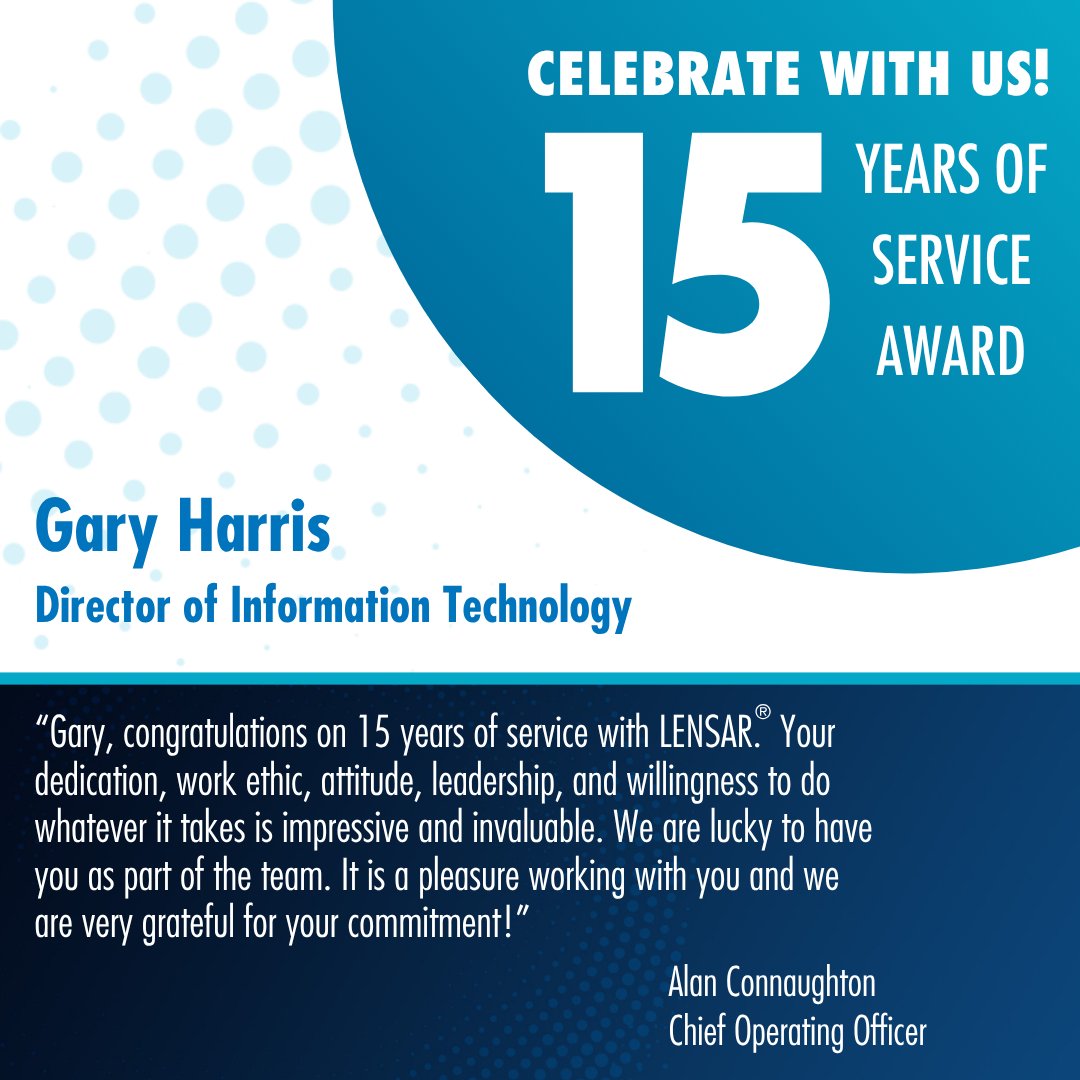 Help us honor Gary Harris as he marks 15 years with the LENSAR® team! Thank you for your continued dedication and service. Your hard work makes a lasting difference! 

#RoboticLaserSystem #LENSAR #ALLYSystem