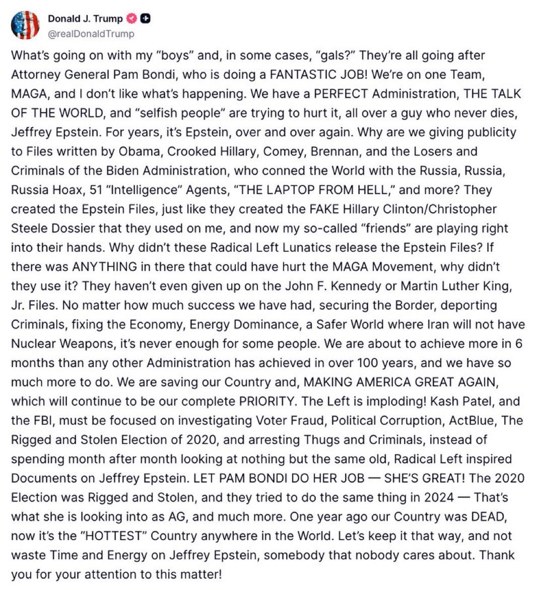 Trump just posted this defending Pam Bondi and claiming that the “Epstein files” were created by the Democrats.

He’s lost it 🤡🤡🤡