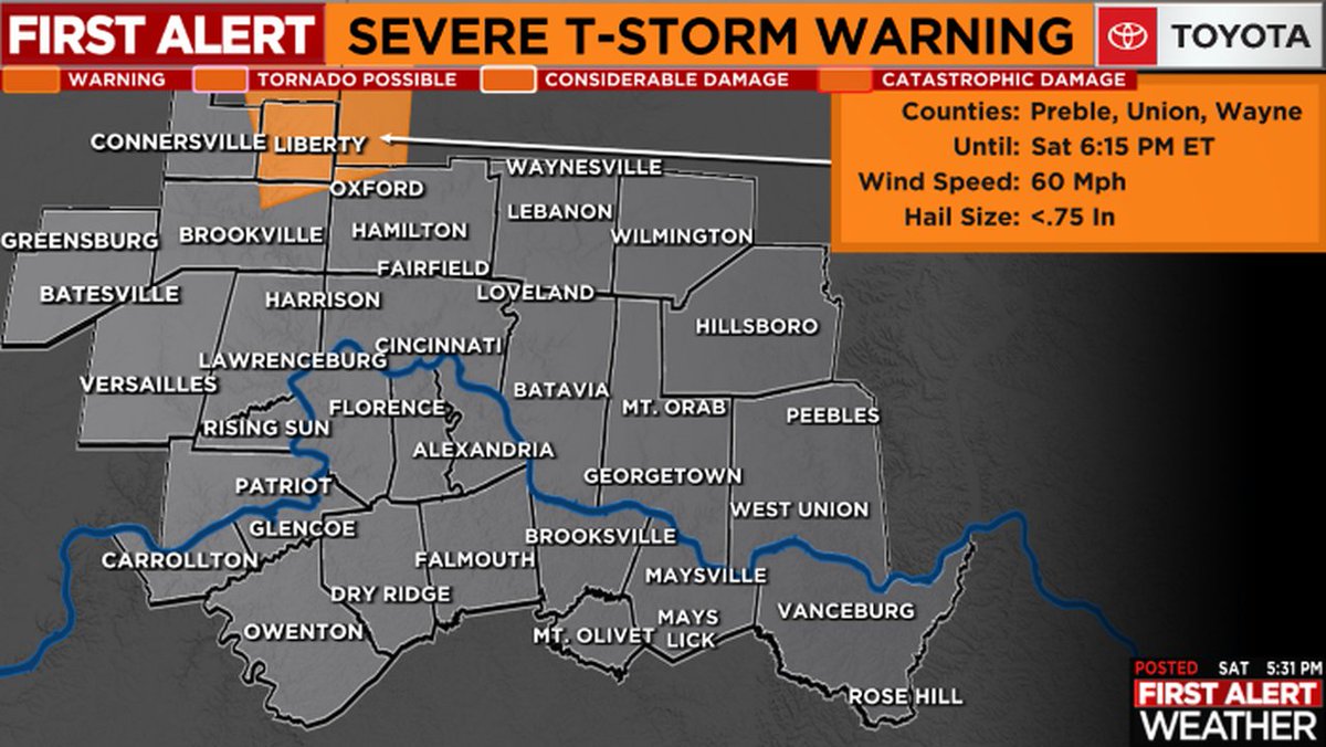 A *SEVERE T-STORM WARNING* has been issued for highlighted areas of the FOX19 NOW viewing area. SEEK SHELTER NOW IF YOU'RE IN THE HIGHLIGHTED AREA! For more information, please go to fox19.com/weather &amp; stay up to date on the First Alert Weather app! #cincywx #FirstAlert