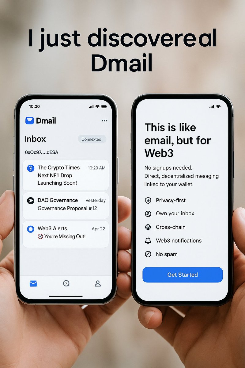 ALDANJA_'s tweet photo. 📬 Tired of missing important updates in Web3?
Or worried about privacy in regular emails? I just discovered Dmail, and it's a game changer.
No signups. No spam. Just clean, direct messages linked to your wallet.
#DMAILNetwork
#Dmail https://t.co/ns8aQeA2Li