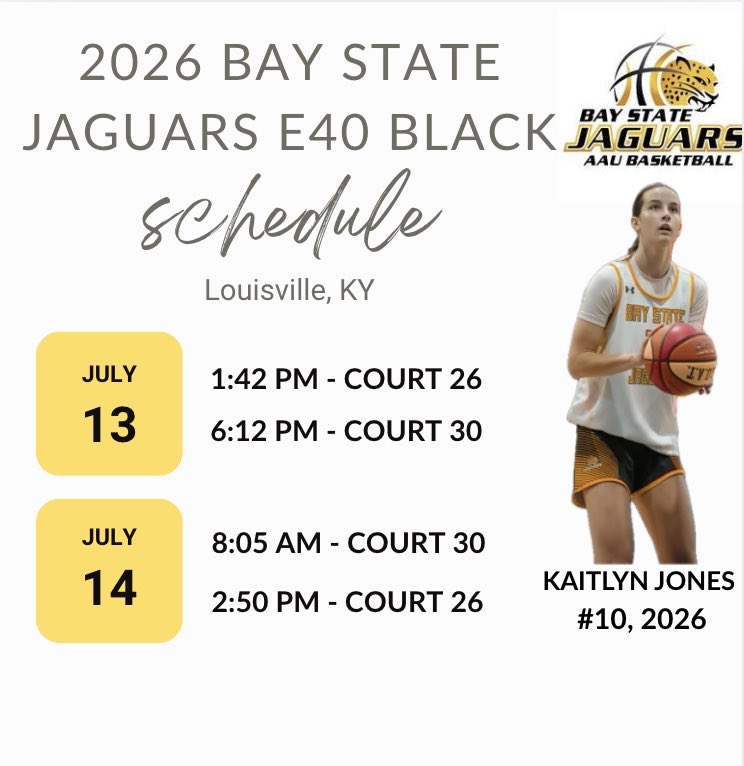 Kaitlyn Jones (@kaitlynjones_5) on Twitter photo Here’s my schedule for the next few days in Louisville, KY at the Run 4 Roses Championship!! <a href="/BayStateJags/">Bay State Jaguars</a> <a href="/LaurieBollin/">LAURIE BOLLIN</a> <a href="/CoachTyMosley/">Coach Tyreik Mosley</a> <a href="/mrodrigues423/">Matt Rodrigues</a> Here’s my schedule for the next few days in Louisville, KY at the Run 4 Roses Championship!! <a href="/BayStateJags/">Bay State Jaguars</a> <a href="/LaurieBollin/">LAURIE BOLLIN</a> <a href="/CoachTyMosley/">Coach Tyreik Mosley</a> <a href="/mrodrigues423/">Matt Rodrigues</a>