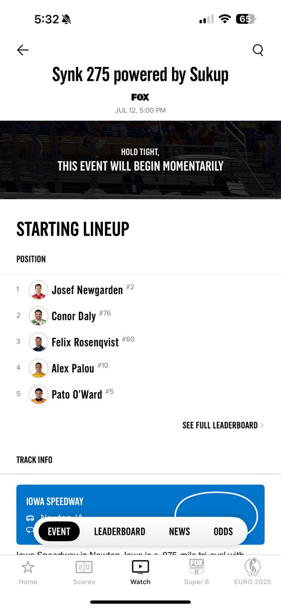 jakemayesq's tweet image. Glad I can watch here bc the app still says this even though we’re 38 laps in. #foxfail