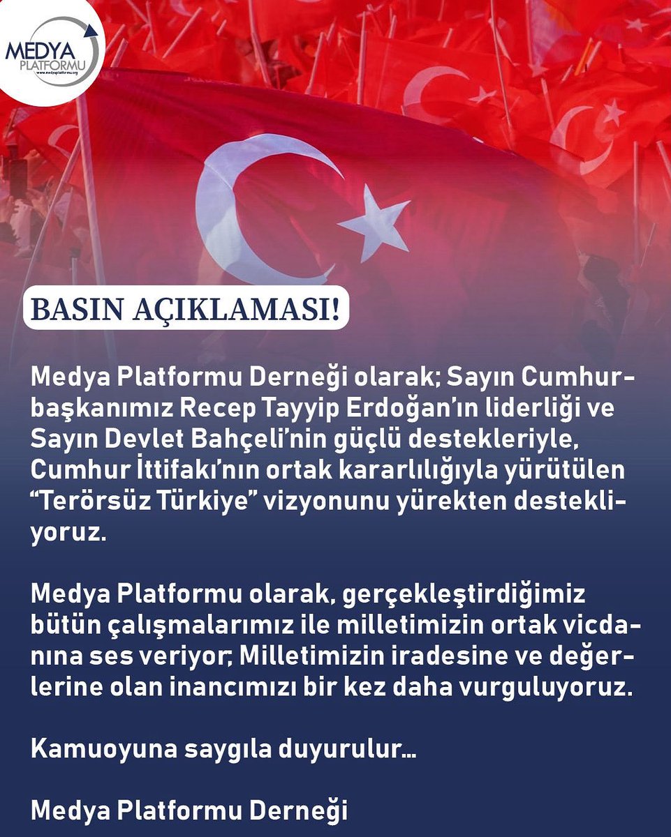 MEDYA PLATFORMU DERNEĞİ BASIN AÇIKLAMASI

Medya Platformu Derneği olarak; Sayın Cumhurbaşkanımız Recep Tayyip Erdoğan’ın liderliği ve Sayın Devlet Bahçeli’nin güçlü destekleriyle, Cumhur İttifakı’nın ortak kararlılığıyla yürütülen Terörsüz Türkiye vizyonunu yürekten destekliyoruz