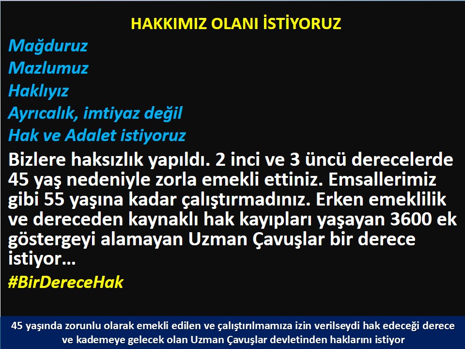 45 yaş mağduru #EmekliUzmanÇavuşlar a bir derece verilerek mağduriyetler biran önce giderilmelidir.
#UzmanÇavuş 
<a href="/iletisim/">T.C. İletişim Başkanlığı</a>
<a href="/Akparti/">AK Parti</a>
<a href="/MHP_Bilgi/">MHP</a> 
<a href="/alitilkici38/">Ali Tilkici 🇹🇷</a> 
<a href="/TEMUD_2024/">Türkiye Emekli Uzman Erbaşlar Derneği (TEMUD)</a>