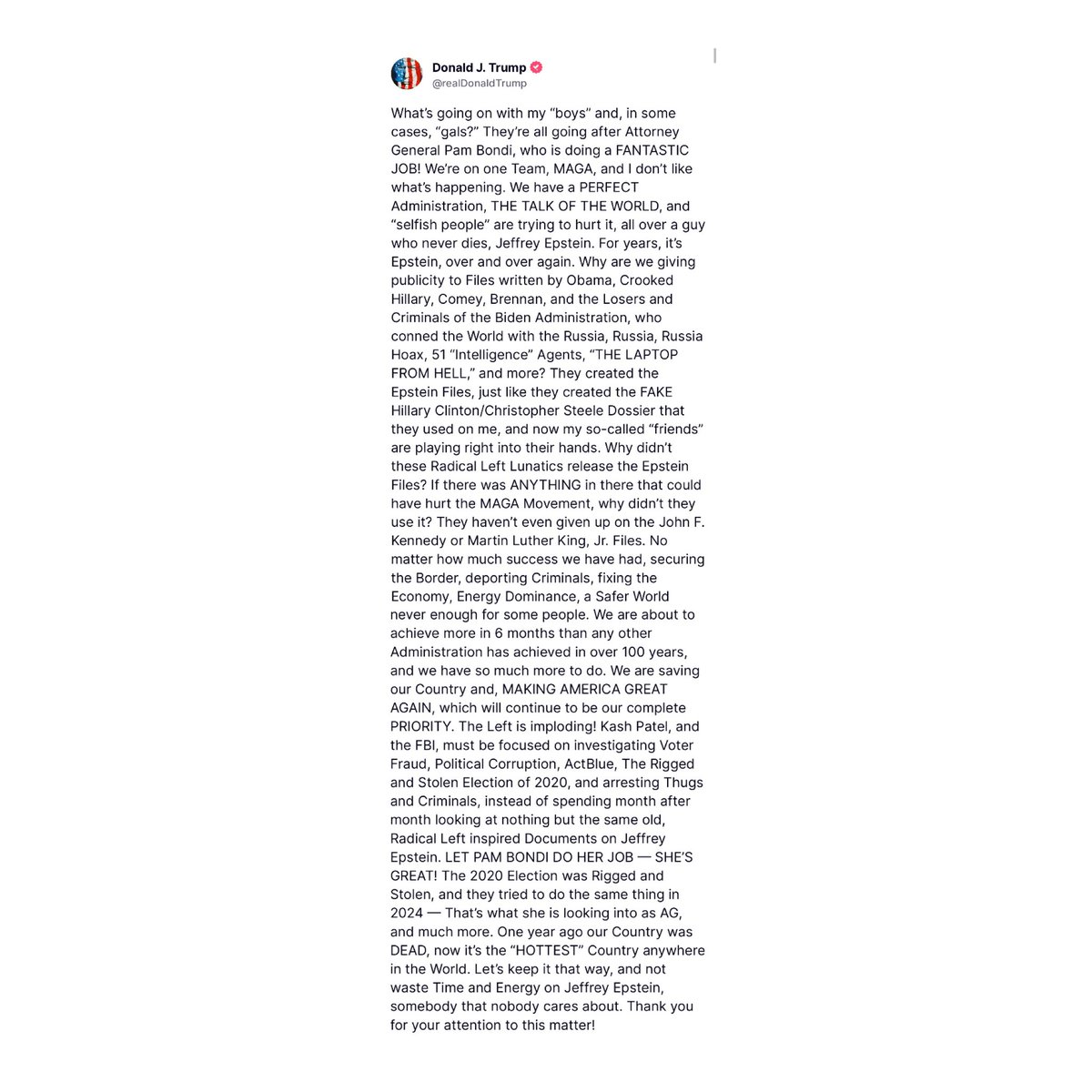 🚨BREAKING: President Trump just revealed the Epstein files were "CREATED by Obama, Crooked Hillary, Comey, Brennan, and the Losers and Criminals of the Biden Administration."

"If there was ANYTHING in there that could have hurt the MAGA Movement, why didn’t they use it?"
