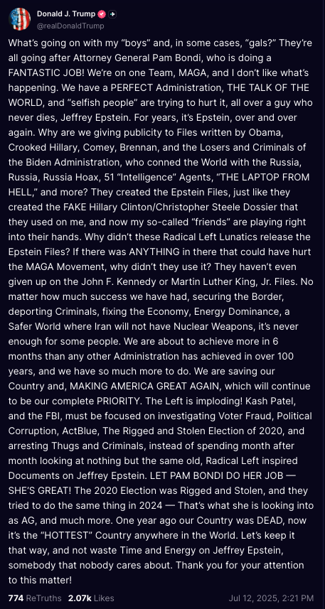 unusual_whales's tweet photo. Donald Trump has said that Obama, Clinton, and the Biden Administration created the Epstein Files. https://t.co/krdy7gMnwE