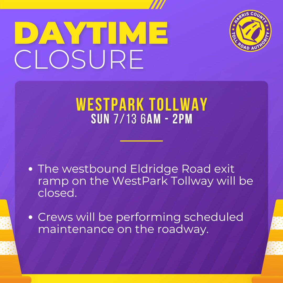 HCTRA's tweet image. Daytime closure on the Westpark Tollway is coming up.
Details below.⬇️
Don’t forget to visit houstontranstar.org to plan your route. #houtraffic #htx