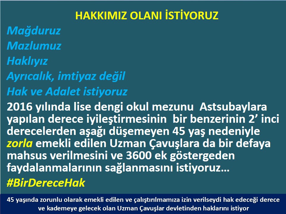 İlk emekli #UzmanÇavuş'ları çok mağdur ettiniz.3600 ek GÖSTERGEDEN mahrum bıraktınız
Ayrıcalık değil  hakkımız olan
45 yaş kıstası nedeniyle bizleri zorla emekli ederken aldığınız #BirDerece'yi istiyoruz
#UzmanÇavuşlar 
#UzmanÇavuş
#EmekliUzmanÇavuşlar
<a href="/alitilkici38/">Ali Tilkici 🇹🇷</a>  <a href="/TEMUD_2024/">Türkiye Emekli Uzman Erbaşlar Derneği (TEMUD)</a>