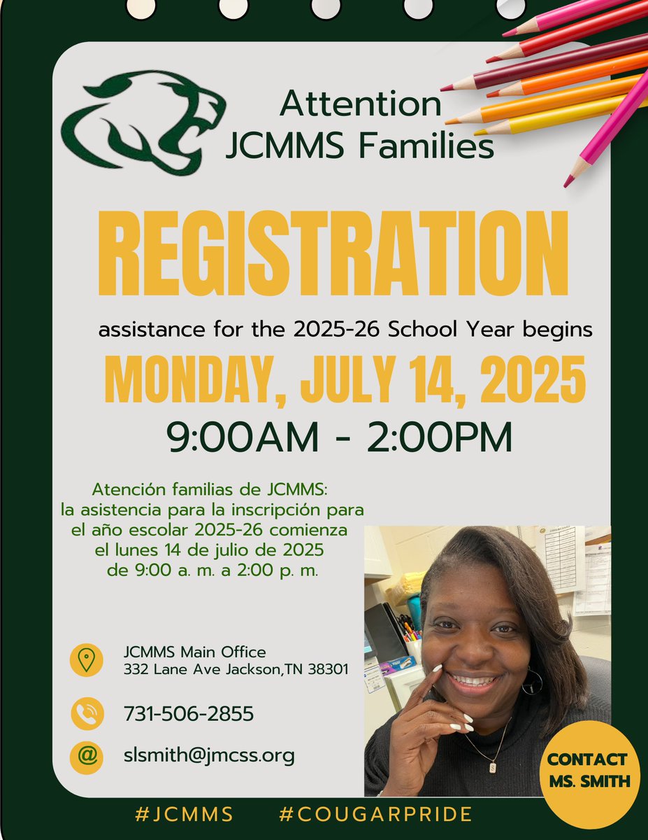 Need Assistance with 2025-26 registration? Stop by/ contact Ms. Smith on Monday from 9am - 2pm! #cougarPride #jcmms