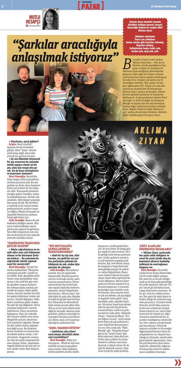 Gazete Pencere (@gazetepencere) on Twitter photo 🎙️ “Şarkılar aracılığıyla anlaşılmak istiyoruz”
Mutlu Hesapçı, Gripin grubundan Birol Namoğlu ve Arda İnceoğlu ile konuştu.
<a href="/mutluhesapci/">mutlu hesapçı</a>
gazetepencere.com/yazarlar/sarki… 🎙️ “Şarkılar aracılığıyla anlaşılmak istiyoruz”
Mutlu Hesapçı, Gripin grubundan Birol Namoğlu ve Arda İnceoğlu ile konuştu.
<a href="/mutluhesapci/">mutlu hesapçı</a>
gazetepencere.com/yazarlar/sarki…