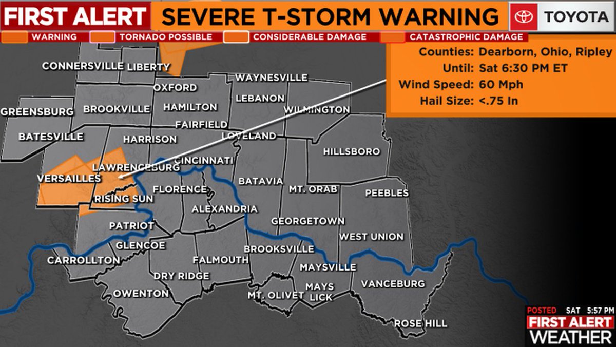 A *SEVERE T-STORM WARNING* has been issued for highlighted areas of the FOX19 NOW viewing area. SEEK SHELTER NOW IF YOU'RE IN THE HIGHLIGHTED AREA! For more information, please go to fox19.com/weather &amp; stay up to date on the First Alert Weather app! #cincywx #FirstAlert