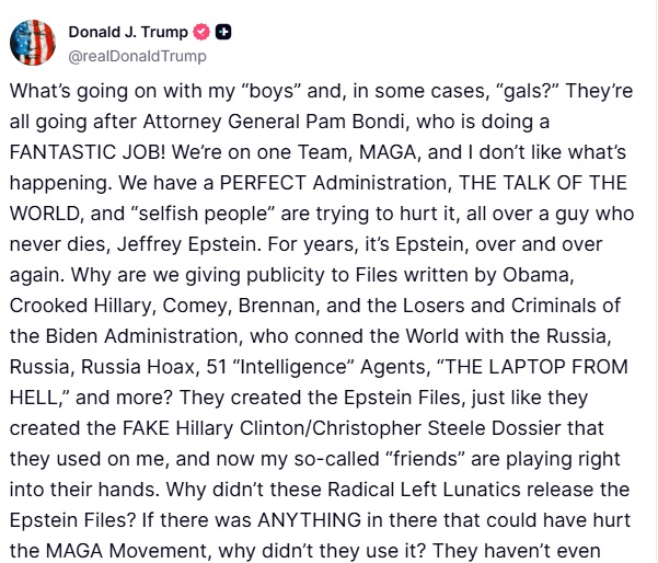 MAGA influencers are circling Pam Bondi like vultures, blaming her to shield Trump from the Epstein fallout.

But here's Trump defending her, dumping on the very people licking his boots.

Once again: Loyalty in, humiliation out. 

When will the MAGA grifters learn?