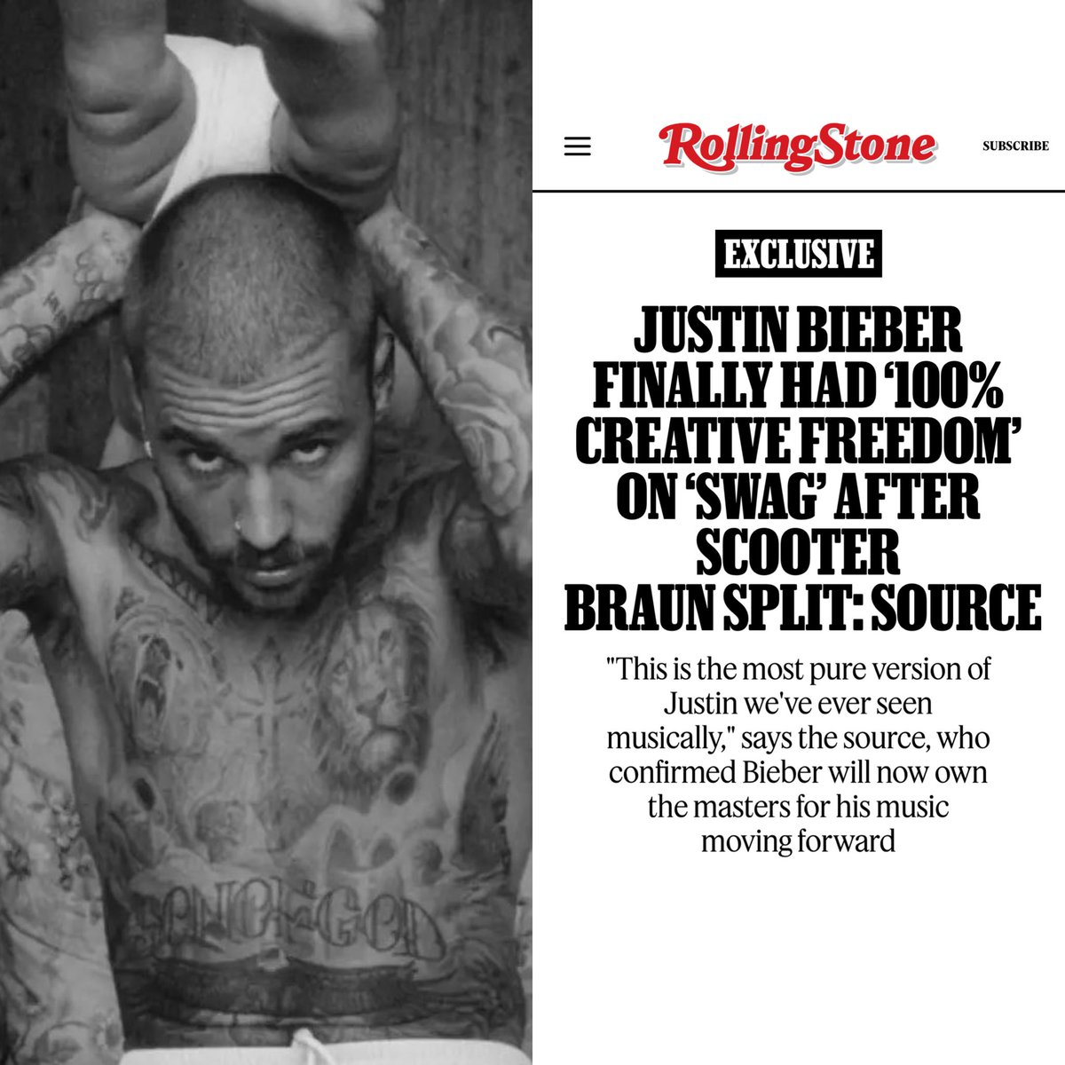 jbiebertraacker's tweet photo. 🚨 Rolling Stone reports that SWAG marks Justin Bieber’s first album released with full creative control — following his split from longtime manager Scooter Braun,  the source confirms that Bieber will now own 100 percent of his masters, starting with Swag. https://t.co/Bagh18QMne