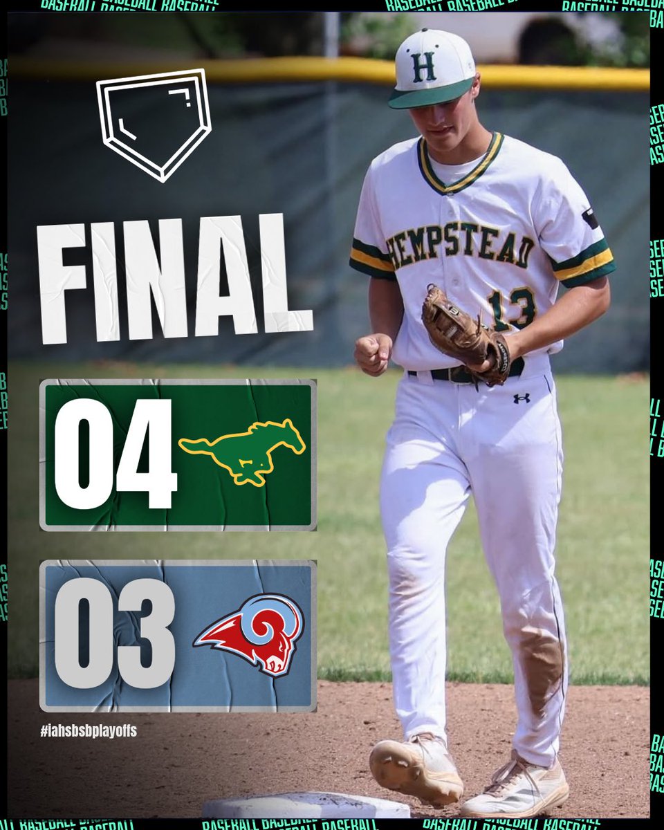 🚨𝗣𝗟𝗔𝗬𝗢𝗙𝗙 𝗕𝗔𝗦𝗘𝗕𝗔𝗟𝗟 𝗙𝗜𝗡𝗔𝗟 𝗦𝗖𝗢𝗥𝗘🚨

STANGS HOLD ON AND GET THE 4-3 WIN OVER DUBUQUE SENIOR 🐴

Hempstead will face Davenport West Monday Night in the Substate Semi-Final.

#iahsbb joz5_photos