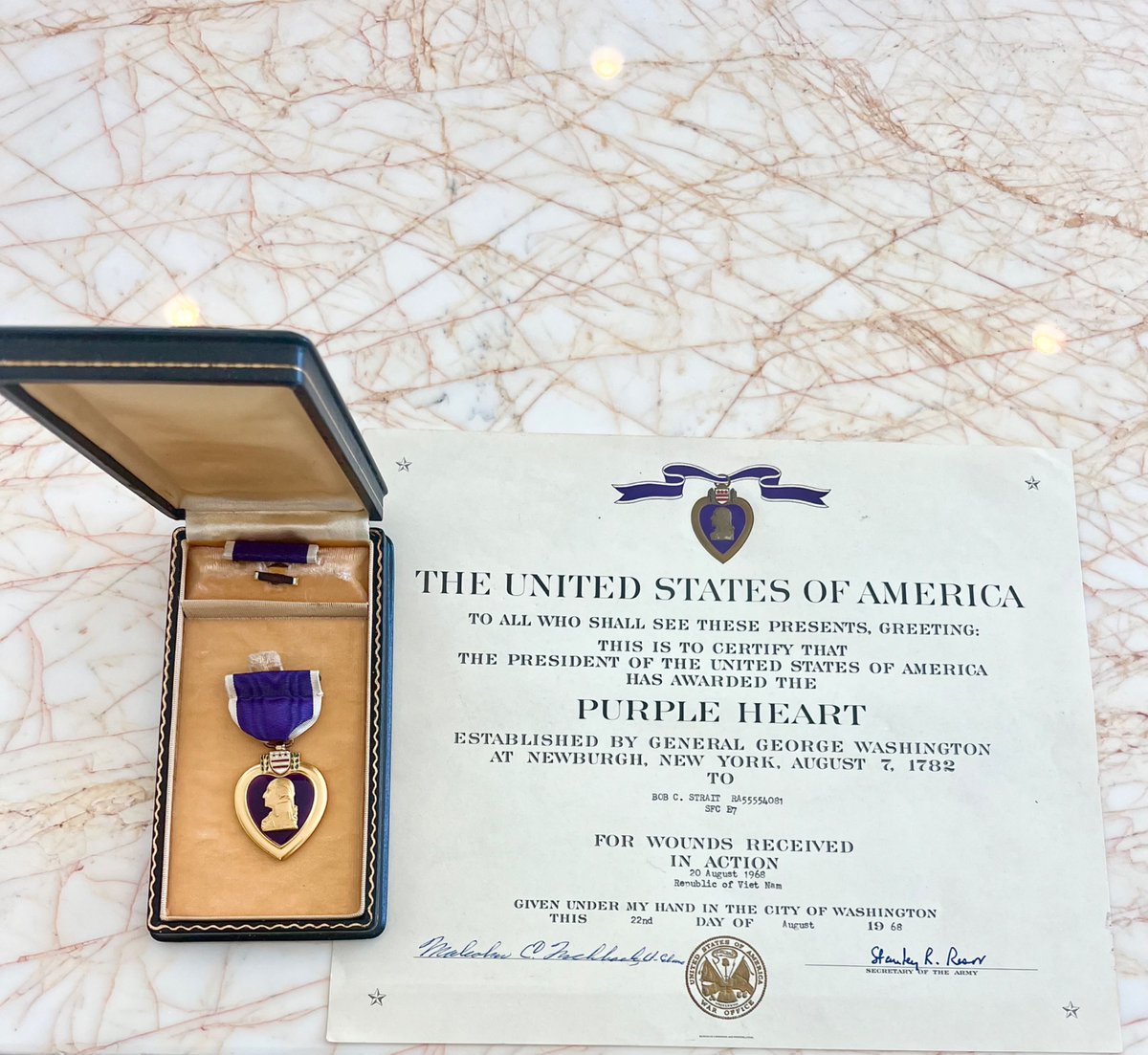 PaulStanleyLive's tweet image. I was humbled on our last tour to receive this Purple Heart and certificate awarded to Sargent First Class Bob Strait for wounds he received in Viet Nam. It was given by his son in appreciation of the band’s and my unwavering support for the brave men and women of our military.