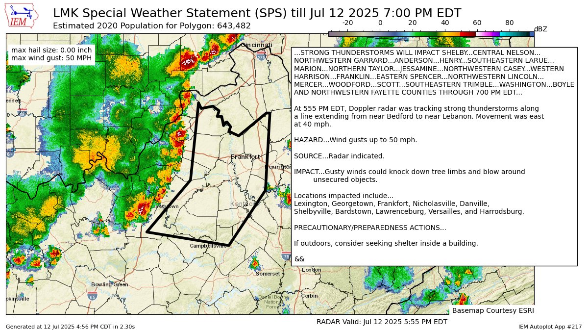 STRONG THUNDERSTORMS WILL IMPACT SHELBYCENTRAL NELSON [wind: 50 MPH, hail: 0.00 IN] for Anderson, Boyle, Casey, Fayette, Franklin, Garrard, Harrison, Henry, Jessamine, Larue, Lincoln, Marion, Mercer, Nelson, Scott, Shelby, Spencer, ... till 7:00 PM EDT mesonet.agron.iastate.edu/p.php?pid=2025…