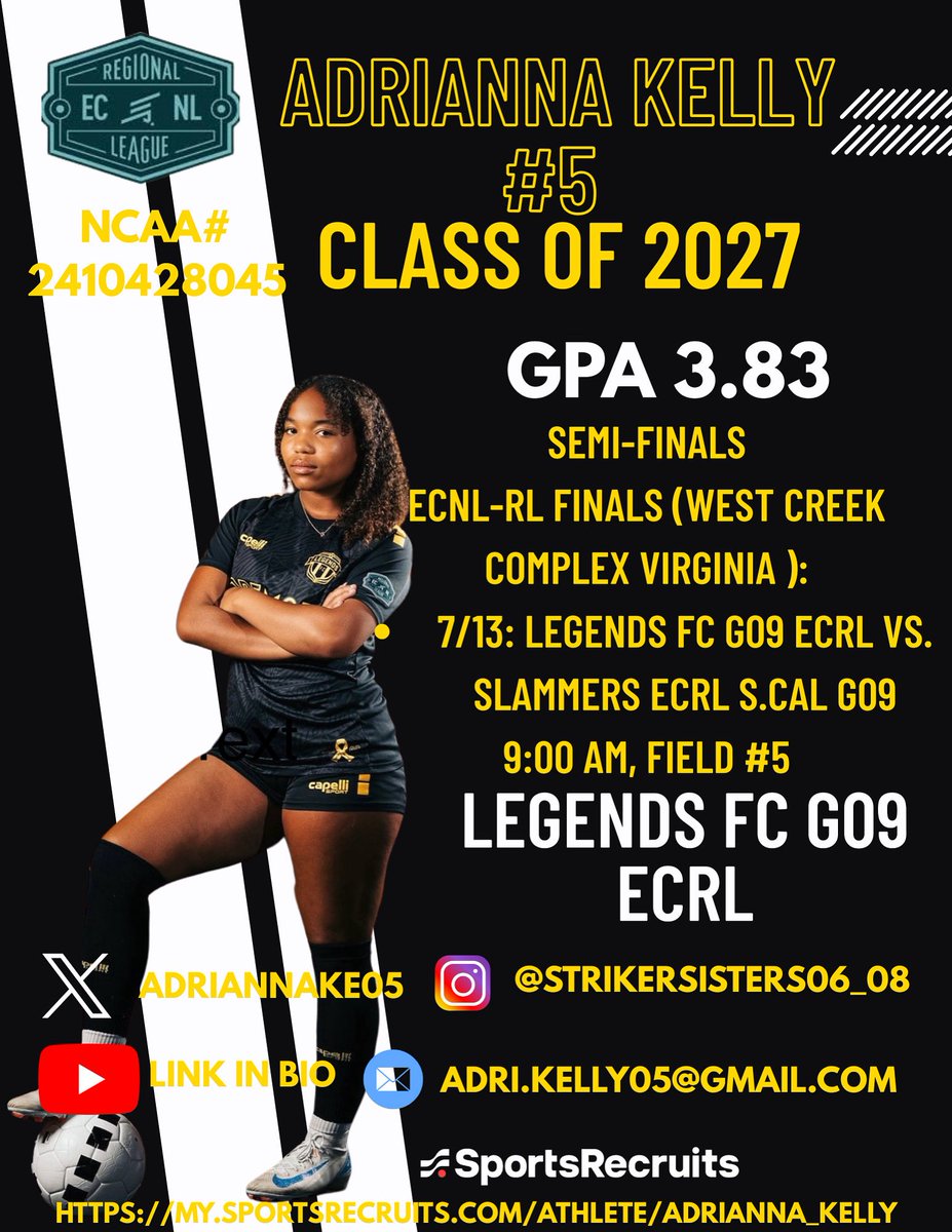 AdriannaKe05's tweet photo. Semi-Finals 🔥⚽
Legends FC G09 ECRL takes the W in Game 1 of the ECNL-RL Finals in Virginia!
Proud of the fight and ready for the next one 💪💛🖤
#legendsfc
 #ecnlgirls #gamedaywin #roadtothefinal
#leftbackstrong #AdriannaKelly5 #classof2027 #VirginiaBound #winnersmindset #girlssoccer 
@ImYouthSoccer 
@PrepSoccerCA @SoCalGirlSoccer @TopDrawerSoccer @TheSoccerWire 
@NavyWSoccer @NovaWSoccer @HowardWSoccer @lmulionsWSOC @CPWomensSoccer @DU_WSoccer @UW_WSoccer @Bucknell_WSOC