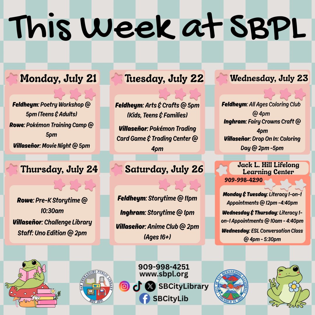 SBCityLibrary's tweet photo. Another busy week at the #Library with poetry, #Pokemon, arts & crafts, coloring, and more! Find the fun that catches your eye and stop on by, see you soon! #Proud2BeSB #SBPL #SanBernardinoPublicLibrary #SanBernardino #InlandEmpire #Summer #Storytime #Literacy #WeeklyPlanner https://t.co/AOM5SAh0tm