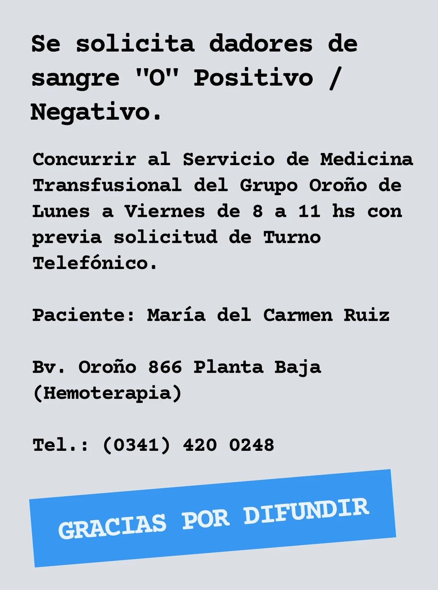 ♥️Llamado a la solidaridad! 

🩸Necesitamos DONANTES de SANGRE "CERO  +/-"
para Maria  del Carmen Ruiz

🏥 Servicio Hemoterapia Grupo Oroño, Bv. Oroño 866
☎️ Solicitar turno al 341 4200248

Agradecemos la difusión,

#donarsangre