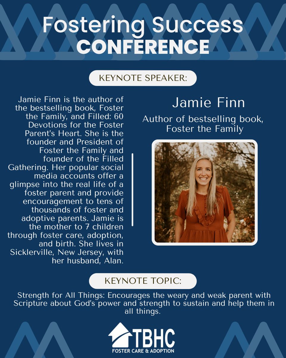 Jamie Finn, author of Foster the Family will bring encouragement for foster parents with Scripture. Register now to get your chance to hear her!
 tbhc.org/fostering-succ… 
#tbhcfostercare #fostercare #fosteringsuccess #keynote #FosteringSuccessSaturday #fosterthefamily #jamiefinn