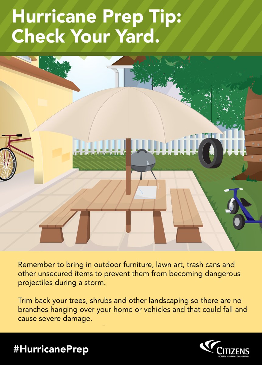#PrepTip: Did you know large yard items like trash cans, grills, &amp; patio umbrellas can be picked up by high winds and become projectiles during a storm or #severewx? Include yard item pickup &amp; storage on your emergency plan checklist to #BeReady before a storm. 
#CitizensIsReady