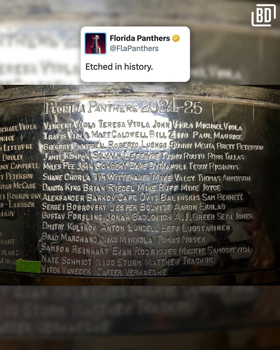 The Florida Panthers names are officially etched on the Stanley Cup. 🙌🏆

(via: <a href="/FlaPanthers/">Florida Panthers</a>)