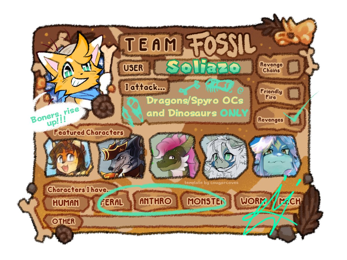 Soliazo's tweet photo. Ugh Ig should post
ArtFight card + Thread of attacks that I'll add onto this

#ArtFight2025 #TEAMFOSSILS https://t.co/nJKkK9lKmU