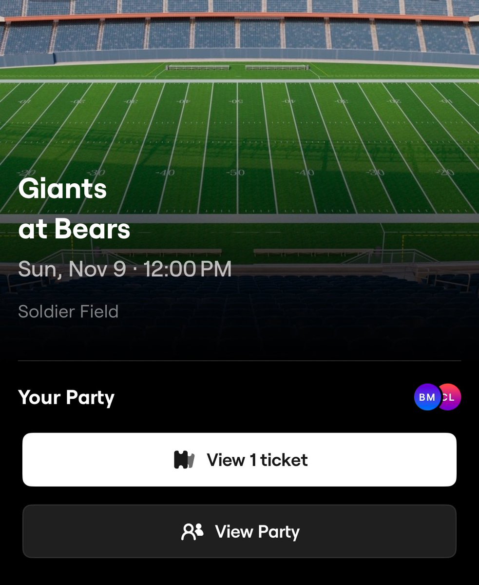 Sir B Rad (@sir_b_rad) on Twitter photo Just locked in a pair of tickets for November 9th <a href="/Giants/">New York Giants</a> v <a href="/ChicagoBears/">Chicago Bears</a>
Iโve never been to Soldier Field, stoked to check it out!
Shout out to <a href="/BobbySkinner_/">Bobby Skinner</a> for the Seat Geek connection ๐ฅ Right on the 50!
Hit me up any Giants fans if youโre going too ๐ฅ๐ฅ๐ฅ Just locked in a pair of tickets for November 9th <a href="/Giants/">New York Giants</a> v <a href="/ChicagoBears/">Chicago Bears</a>
Iโve never been to Soldier Field, stoked to check it out!
Shout out to <a href="/BobbySkinner_/">Bobby Skinner</a> for the Seat Geek connection ๐ฅ Right on the 50!
Hit me up any Giants fans if youโre going too ๐ฅ๐ฅ๐ฅ