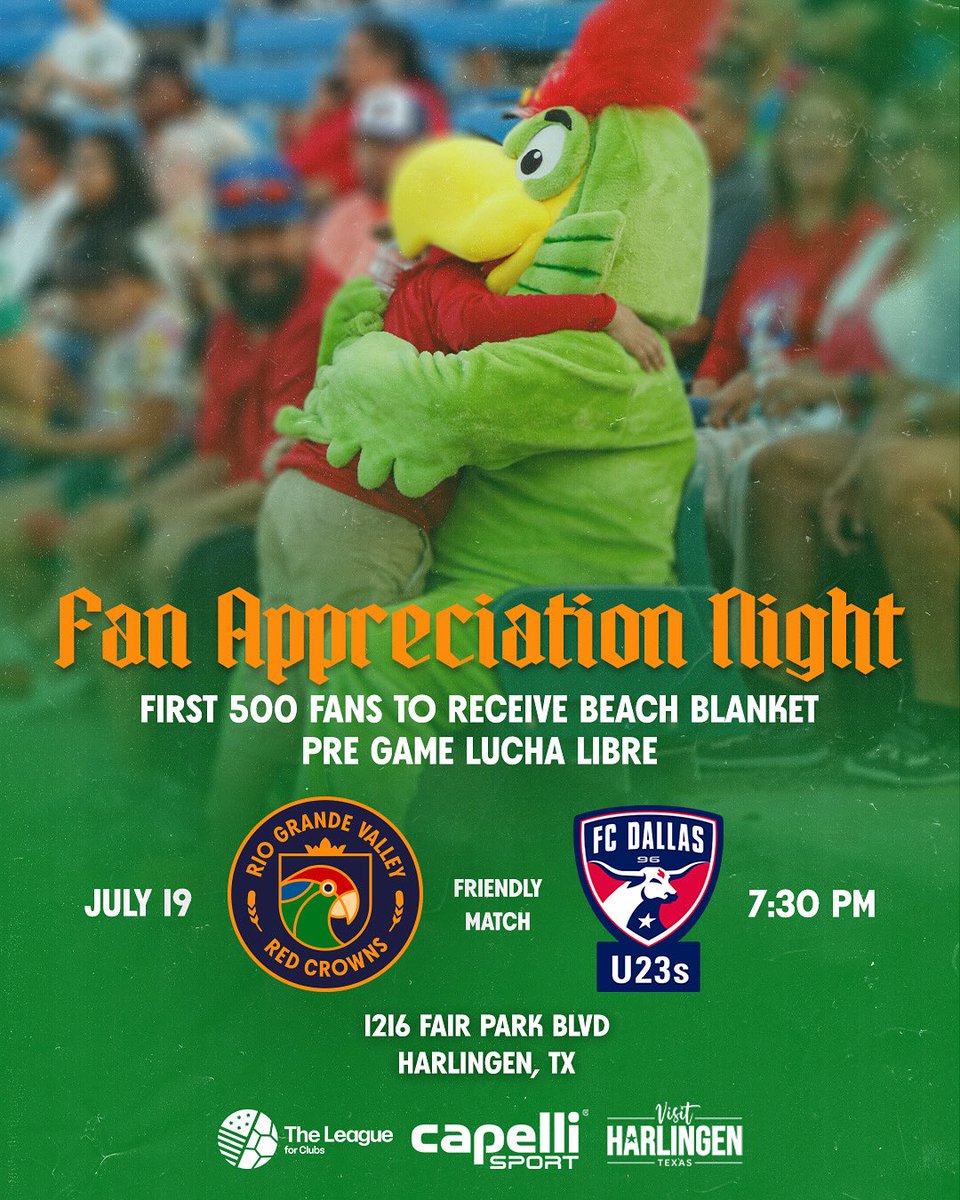 RGV Red Crowns Soccer Club (@rgvredcrowns) on Twitter photo We didn't get to play our last home match so we’re we're making it up to you, RGV
Join us at Harlingen Field on Saturday, July 19 for our final game of the season against @fcdallas_academy We didn't get to play our last home match so we’re we're making it up to you, RGV
Join us at Harlingen Field on Saturday, July 19 for our final game of the season against @fcdallas_academy