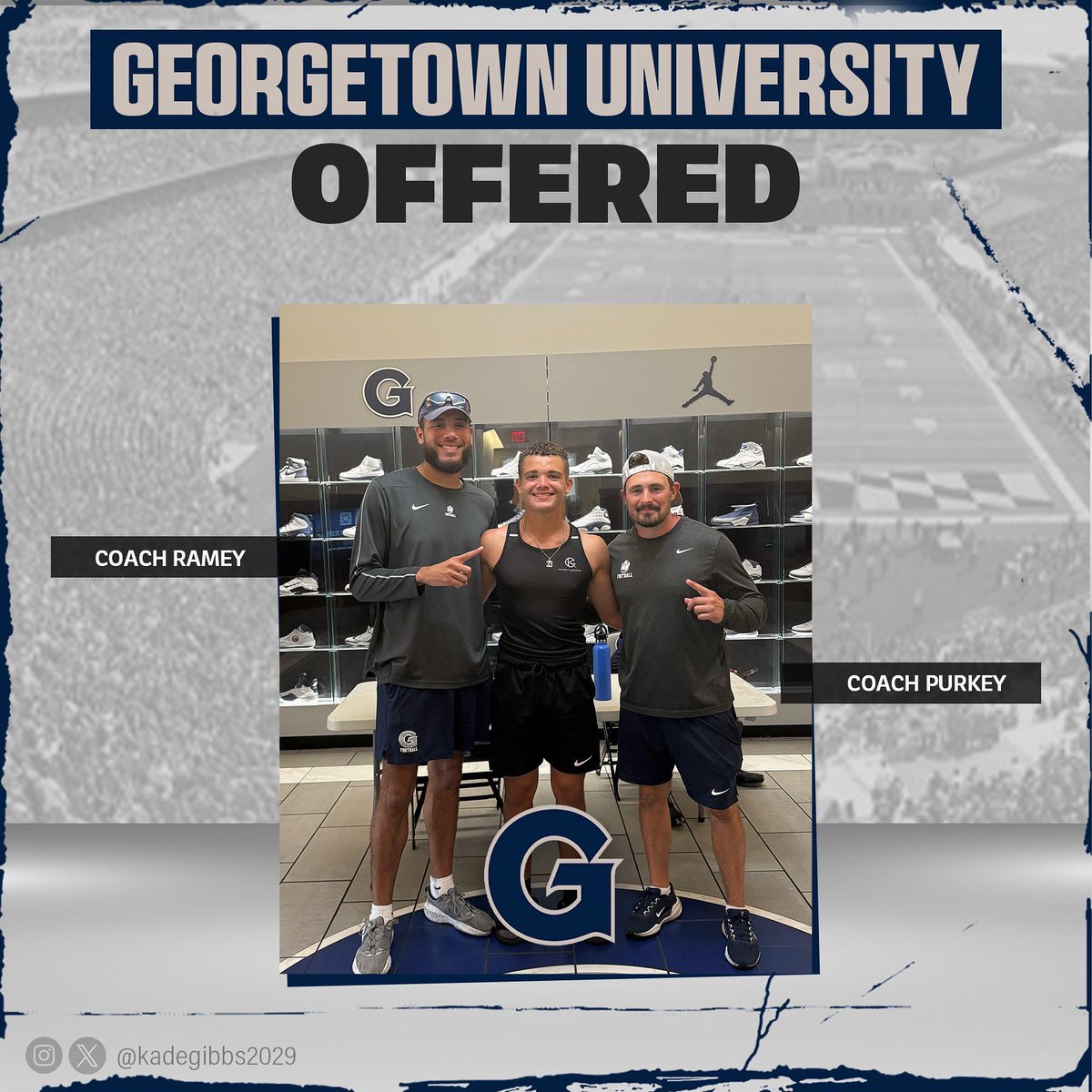 Kade Gibbs (@kadegibbs2029) on Twitter photo After a great camp and conversation with <a href="/CoachRamey_/">Gary Ramey Jr.</a> and <a href="/CoachPurk/">Kyle Purkey</a> I am beyond blessed to receive my 2nd D1 offer from <a href="/HoyasFB/">Georgetown Football</a> ! <a href="/coachsgarlata/">Coach Sgarlata</a> <a href="/tom_trone/">Tom Trone</a> <a href="/DavidCzapp/">David Czapp</a> <a href="/BriancampbellS3/">Brian Campbell Sr.</a> <a href="/PlayBookAthlete/">PLAYBOOK ATHLETE</a> <a href="/sixstarfootball/">Six Star Football | PLUS+</a> <a href="/247recruiting/">247Sports Recruiting</a> After a great camp and conversation with <a href="/CoachRamey_/">Gary Ramey Jr.</a> and <a href="/CoachPurk/">Kyle Purkey</a> I am beyond blessed to receive my 2nd D1 offer from <a href="/HoyasFB/">Georgetown Football</a> ! <a href="/coachsgarlata/">Coach Sgarlata</a> <a href="/tom_trone/">Tom Trone</a> <a href="/DavidCzapp/">David Czapp</a> <a href="/BriancampbellS3/">Brian Campbell Sr.</a> <a href="/PlayBookAthlete/">PLAYBOOK ATHLETE</a> <a href="/sixstarfootball/">Six Star Football | PLUS+</a> <a href="/247recruiting/">247Sports Recruiting</a>