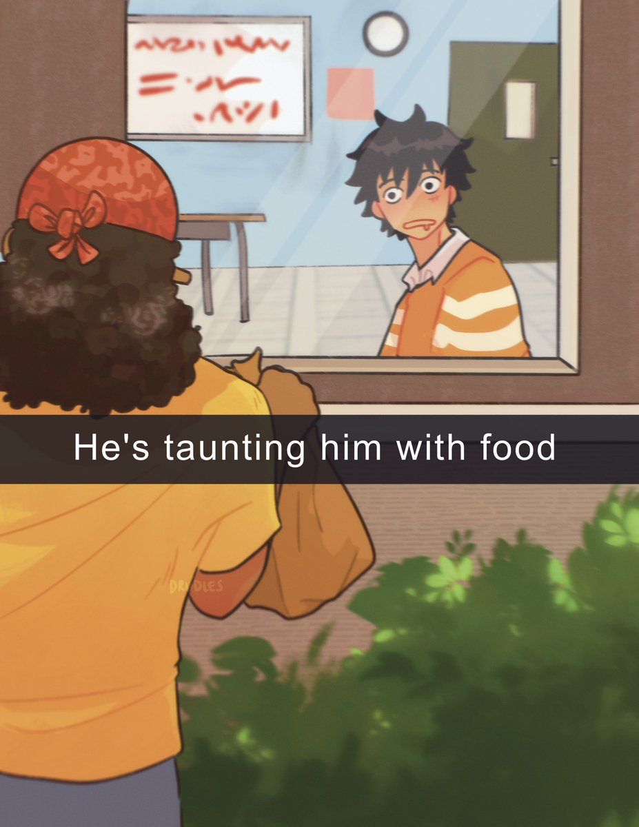 Taunting Luffy with food. He's in his last class and they're all out.