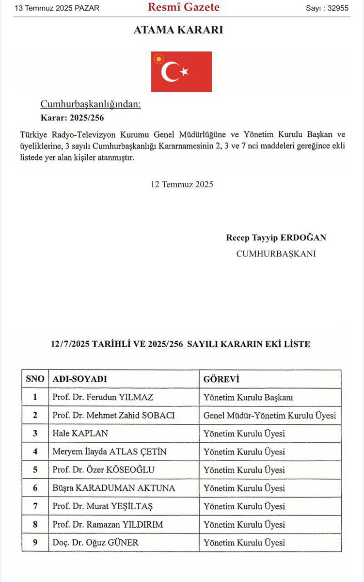Cumhurbaşkanımız Sayın Recep Tayyip Erdoğan’ın takdirleri ile TRT Genel Müdürlüğü görevine yeniden getirilen Sayın Prof. Dr. Mehmet Zahid Sobacı’yı tebrik eder, yeni dönemde başarılar dilerim.

TRT Yönetim Kurulu Başkanlığına atanan Sayın Prof. Dr. Ferudun Yılmaz’ı, Yönetim