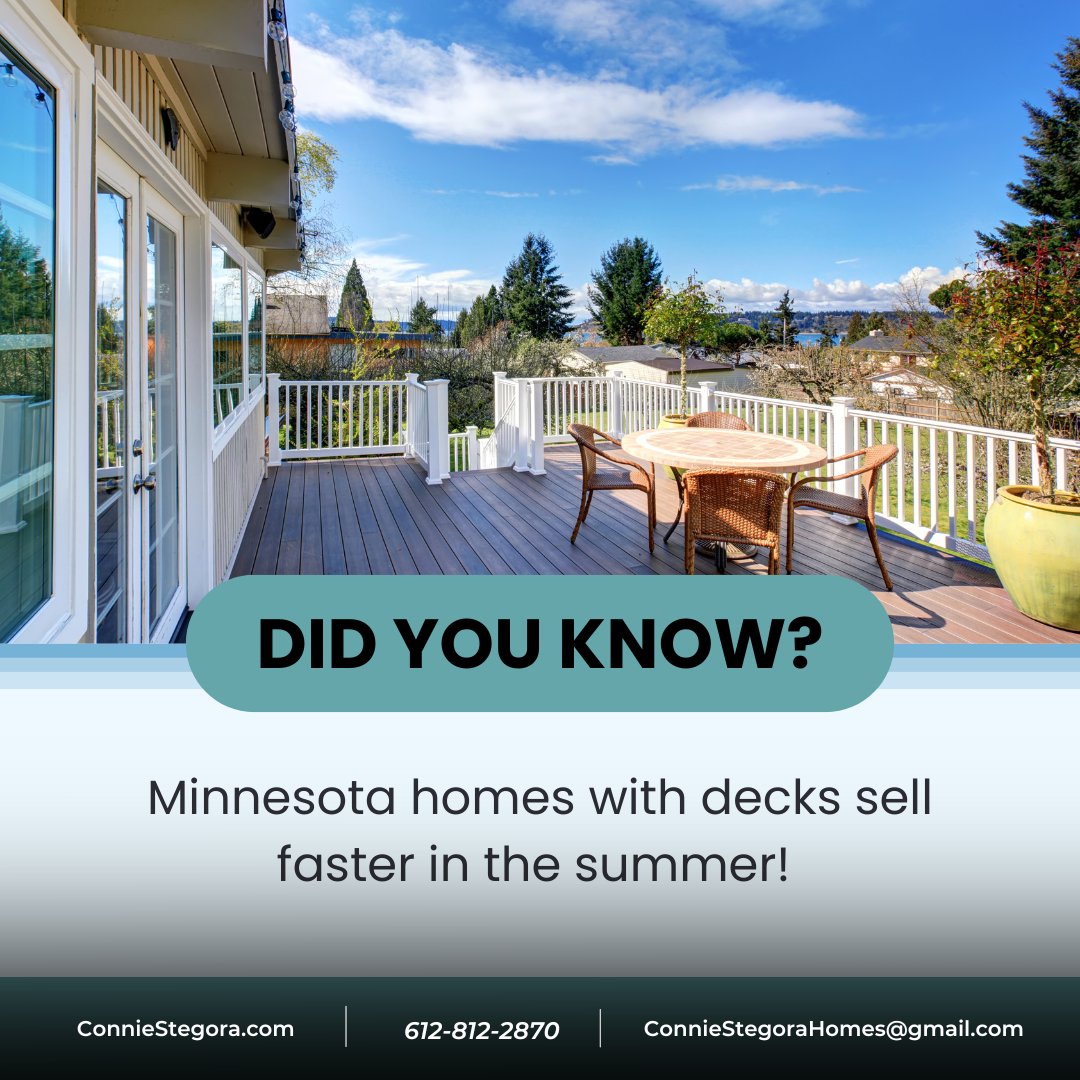 ConnieS_Realtor's tweet photo. In Minnesota, decks shine in summer — and help homes sell faster.
☀️ Outdoor season = BBQs, bonfires &amp; morning coffee
🪑 A great deck makes a home feel bigger &amp; more inviting.
Dream deck setup: grill, string lights, or all the above?
#Minnesota #RealEstateTips #BigLake https://t.co/OR8ro6w63Q