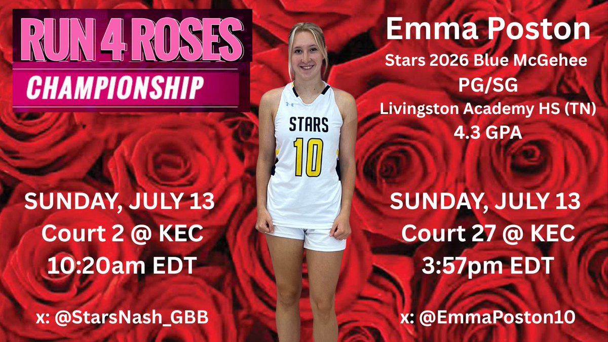 Emma Poston (@emmaposton10) on Twitter photo 🌹Back at it again Sunday for my last <a href="/TFNsRun4Roses/">TFN's Run 4 Roses</a> championship series. If coaches are looking for a team with grit, players that never give up, & plays for each other…join us court side tomorrow.
<a href="/StarsNash_GBB/">STARS HS GBB</a> 💫 🌹Back at it again Sunday for my last <a href="/TFNsRun4Roses/">TFN's Run 4 Roses</a> championship series. If coaches are looking for a team with grit, players that never give up, & plays for each other…join us court side tomorrow.
<a href="/StarsNash_GBB/">STARS HS GBB</a> 💫