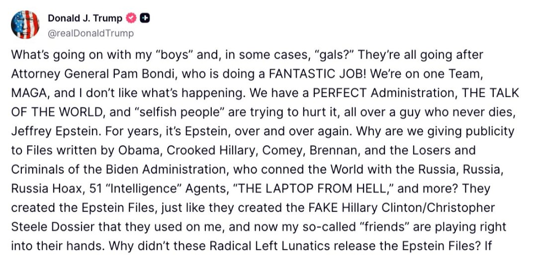 New Con/Confession: Trump says Epstein files that just didn't exist now do exist, but they were written by Comey &amp; Dems so you definitely shouldn't trust them.

Anyone asking for release of files that didn't exist but now do exist are "playing into the hands" of Trump's enemies.