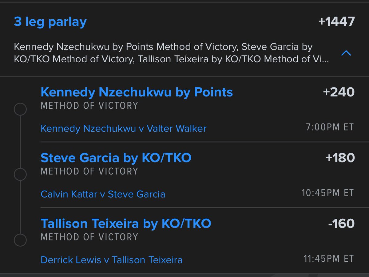 Some UFC Plays I am on

Garcia ML 1u 
Tuco +3.5 .85u
Kennedy x Valter FGTD .5u
Lotto .35u