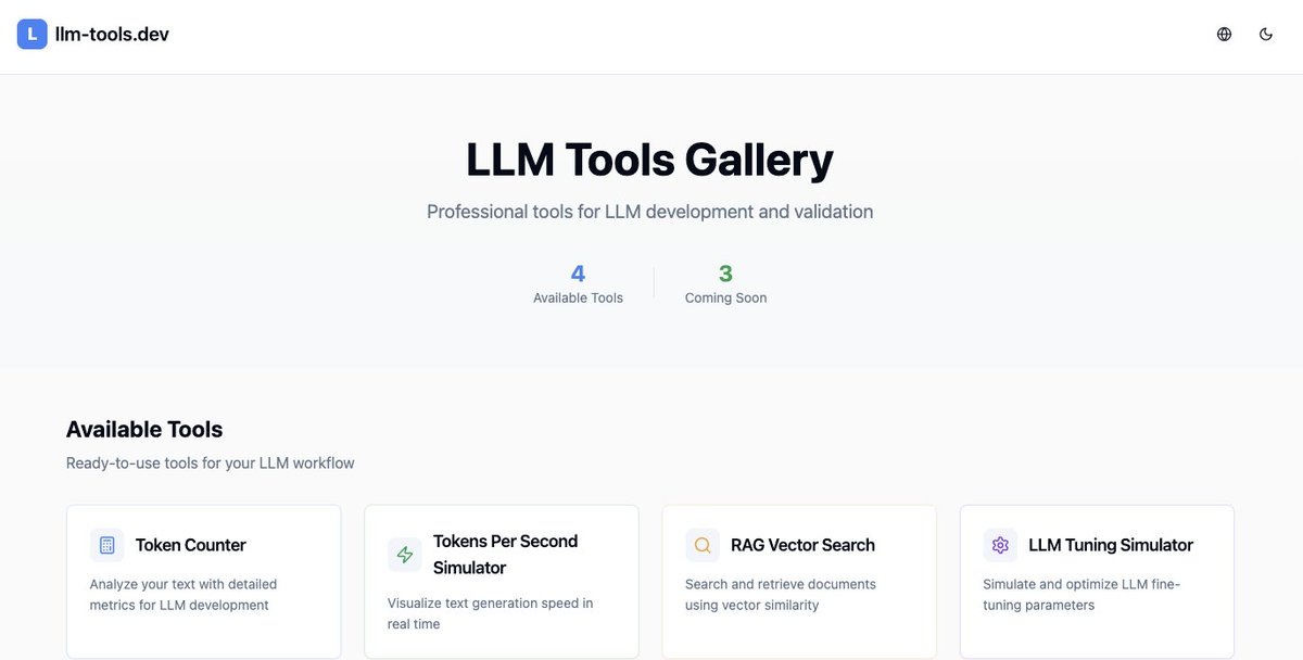 🚀 I’ve completed the first stage of my personal project LLM TOOLS, with 4 tools ready to use!

llm-tools.dev

Hope they’re useful, and I’m always open to your feedback.

Cheers, everyone!
#LLM #devs #AI #devsAI #DevOps