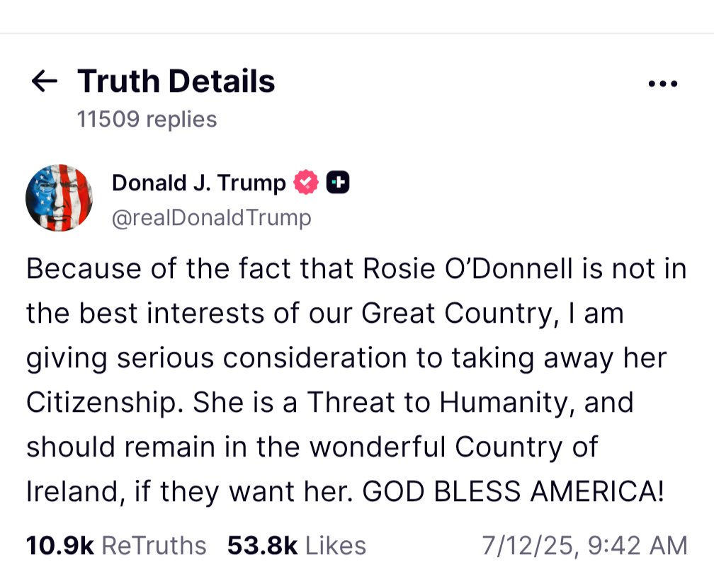 今天川普總統又威脅著名女喜劇演員Rosie O’Donnell, 要取消她的公民權。因為O’Donnell稱他是欺詐犯、性罪犯。
President Trump lashed out against comedian Rosie O’Donnell, calling her a “threat to humanity” and noting that he is “seriously considering” revoking her citizenship.