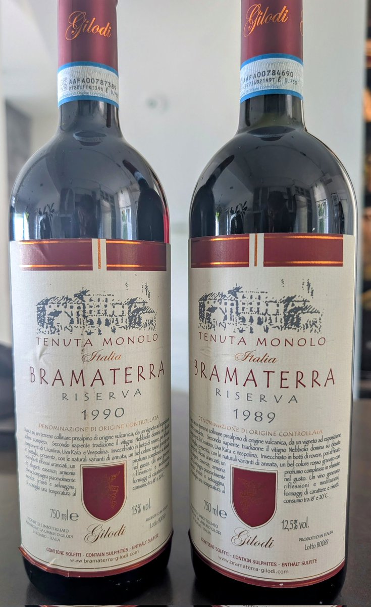 Two bottles. Two years. One hillside.

Bramaterra Riserva 1989 &amp; 1990.
From a forgotten pocket of Alto Piemonte where Nebbiolo meets volcanic soil and patience becomes reward.

Both corks intact. One afternoon ahead.
Let’s see what 35 years of quiet aging tastes like.

“I’d