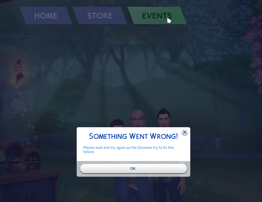 Moo_Mooze's tweet photo. @TheSims For the past 3 days I haven't been able to open the event menu? I can't claim the table and the music to continue. It just says 'something went wrong! please wait and try again as the Gnomes try to fix the failure.' PLEASE HELP! https://t.co/95VK2zWM8L