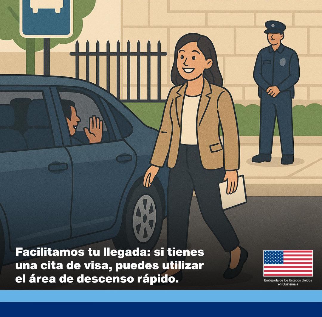 usembassyguate's tweet image. 🚗 ¿Tienes una cita para visa? Al ingresar al carril auxiliar de la Embajada, verás una zona a la derecha habilitada especialmente para dejar pasajeros. Usa esta área para bajarte del vehículo y así llegar de forma segura a tu entrevista.
⚠️ Recuerda: esta área es solo para dejar…