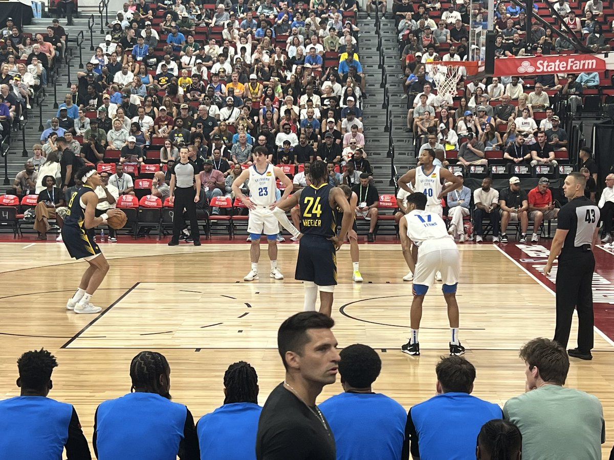 kimlei71's tweet photo. I’m at @NBASummerLeague rooting for my @Pacers but let me tell you the hometown kid @BrooksBarnhizer is showing out for @okcthunder! People around me looking like I’m crazy! Rooting for Brooks while screaming my head off for the ‘Cers!! 💛💙🏀 #icandoboth Man I missed basketball! https://t.co/1jgslM05ji