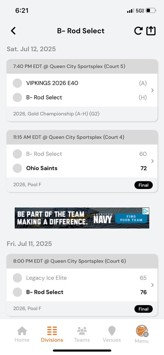 <a href="/brodselectAAU/">B-Rod Select</a> 2026 is 1-1 at #ballinunder1roof taking a tough loss to Ohio Saints. Next game at 7:40pm.