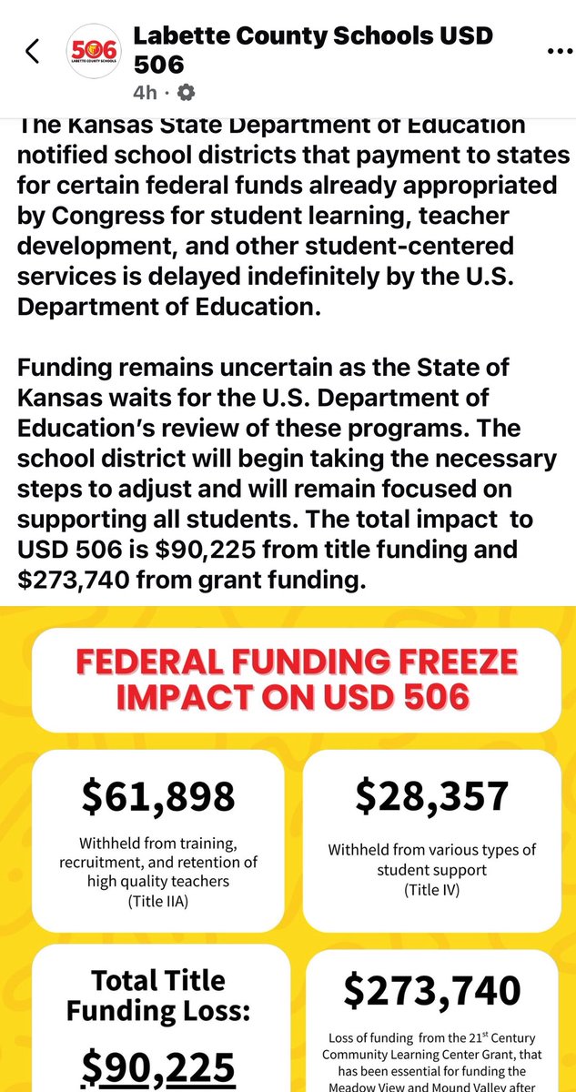 Federal funding cuts and the impact on rural districts. USD 506 impacted by $363,965.   This doesn’t include the $1,100,000 that the district is assessed from general fund due to underfunding of IDEA and state statue of 92% to support special ed.   
⬇️⬇️⬇️⬇️⬇️⬇️⬇️⬇️⬇️⬇️⬇️⬇️⬇️