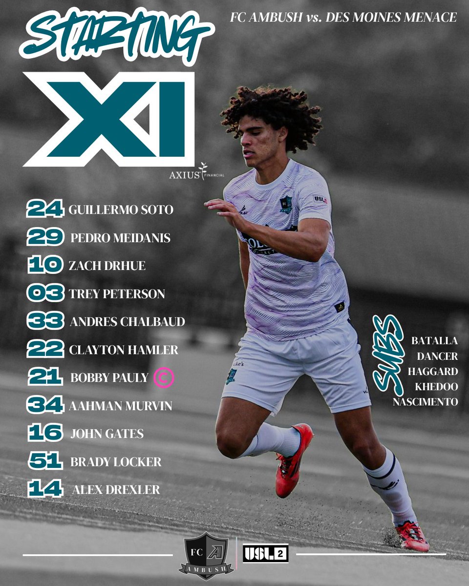 🔒 STARTING XI LOCKED IN 🔒
Your FC Ambush Starting XI is set for tonight’s season finale vs. Des Moines Menace!

Presented by Axius Financial 💼⚽

Let’s leave it all on the field! Let’s go, boys!

#WeAreAmbush #FCAmbush #StartingXI #USLLeagueTwo #AxiusFinancial