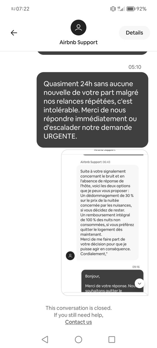 n_Arno's tweet photo. Bonjour @Airbnb @Airbnb_France, est-ce que c'est la manière dont vous gérez vous tickets support normalement? Quand on demande de l'aide et qu'on a aucune réponse pendant plus de 24h, vous fermez simplement la conversation? https://t.co/N8cEGvizrQ